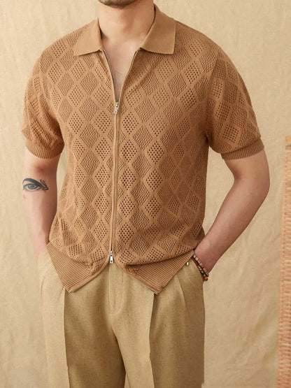 Cotton zipper hollow short sleeve lapel cardigan casual top in light brown colour on hanger