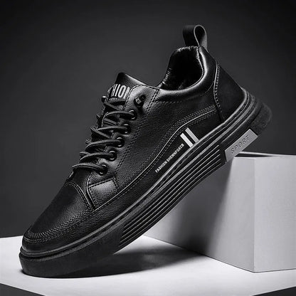 Men's low-top black and white skateboard shoes with elastic band and rubber sole.