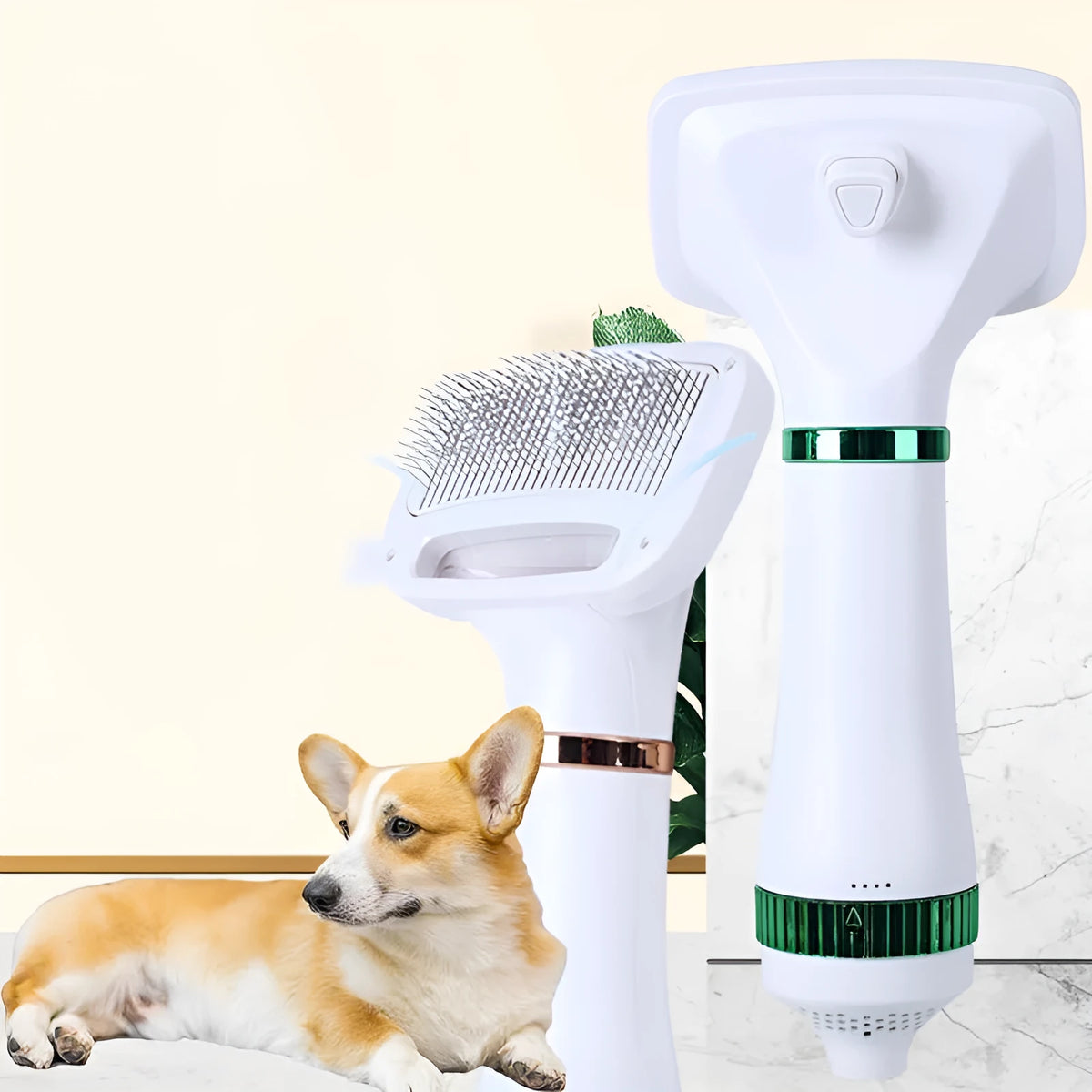 Pet hair dryer and grooming comb tool with adjustable temperature settings for dog and cat grooming