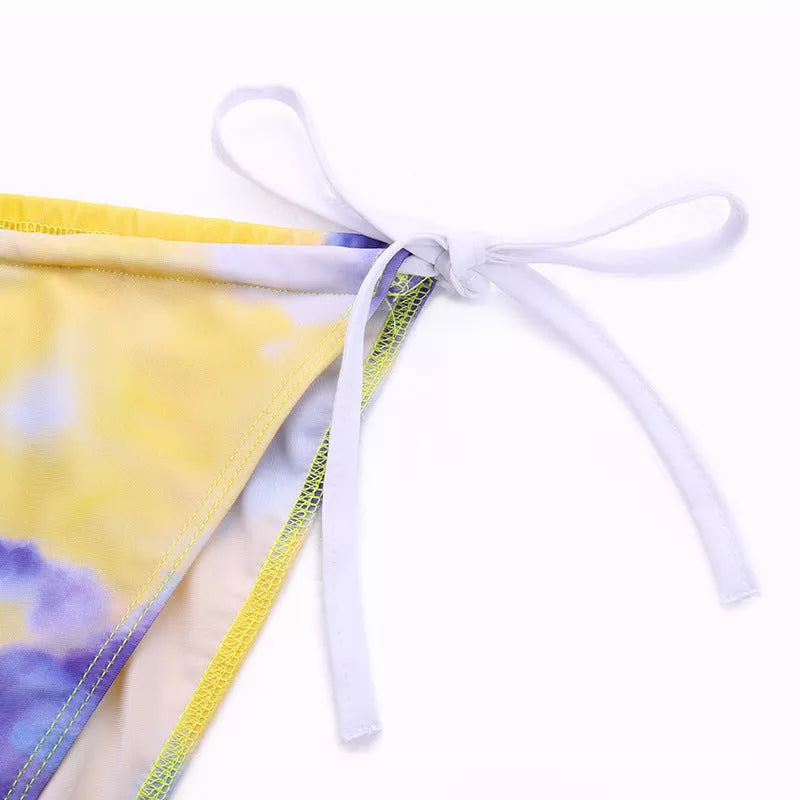 Women's three-piece split swimsuit in cotton blend, available in orange, pink, and purple