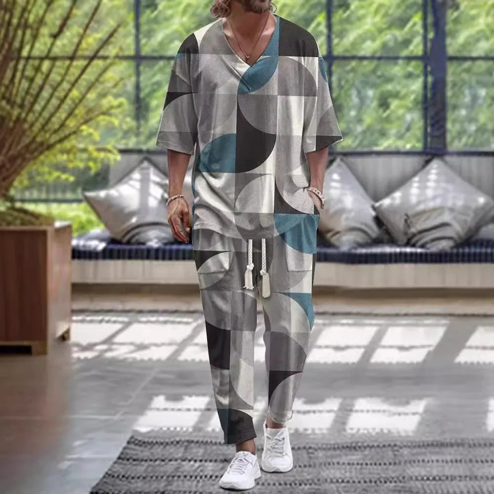 Cropped sleeves V-neck trousers suit in thin polyester fabric, available in multiple colours and sizes from S to 6XL