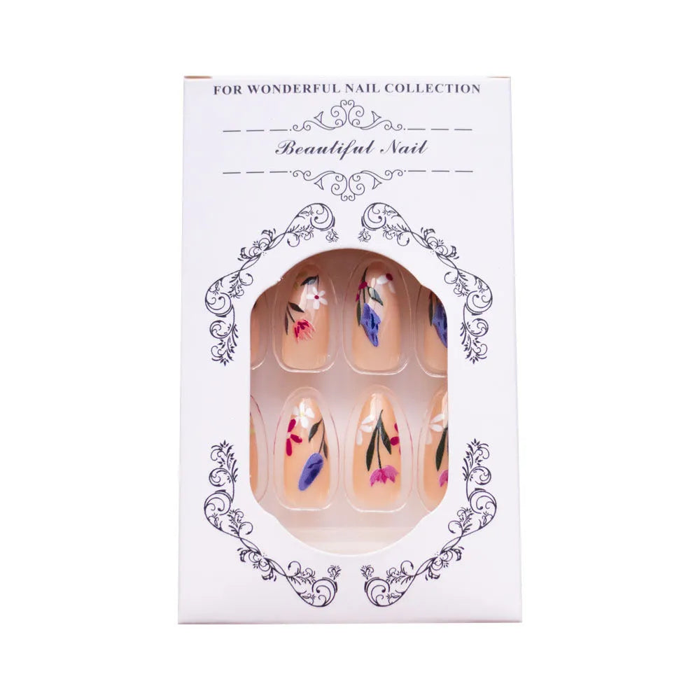 Almond-shaped removable nail art with floral rose and tulip patterns in European American style
