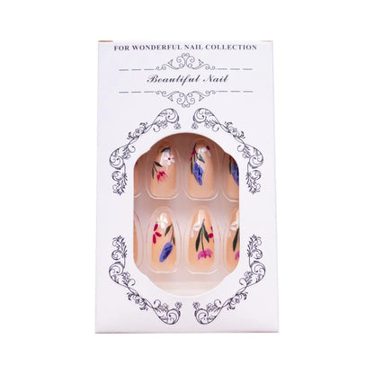 Almond-shaped removable nail art with floral rose and tulip patterns in European American style