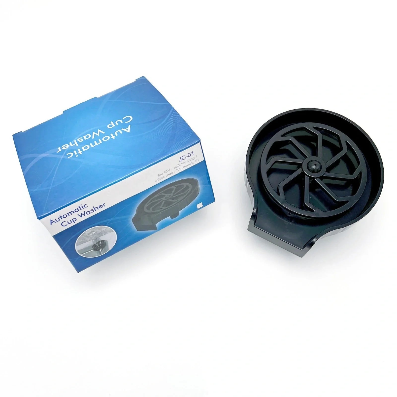 Embedded bar counter cup washer with seven stainless steel nozzles in black ABS housing