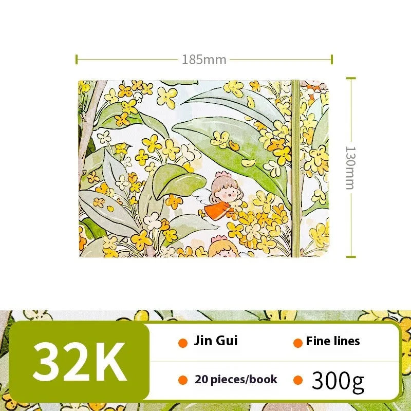 Feiluniao watercolour notebook with fabric cover, 185mm length, open to show paper for painting.