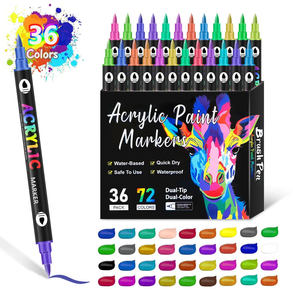 Set of double-headed acrylic marker pens showing washable opaque colours with quick-drying ink