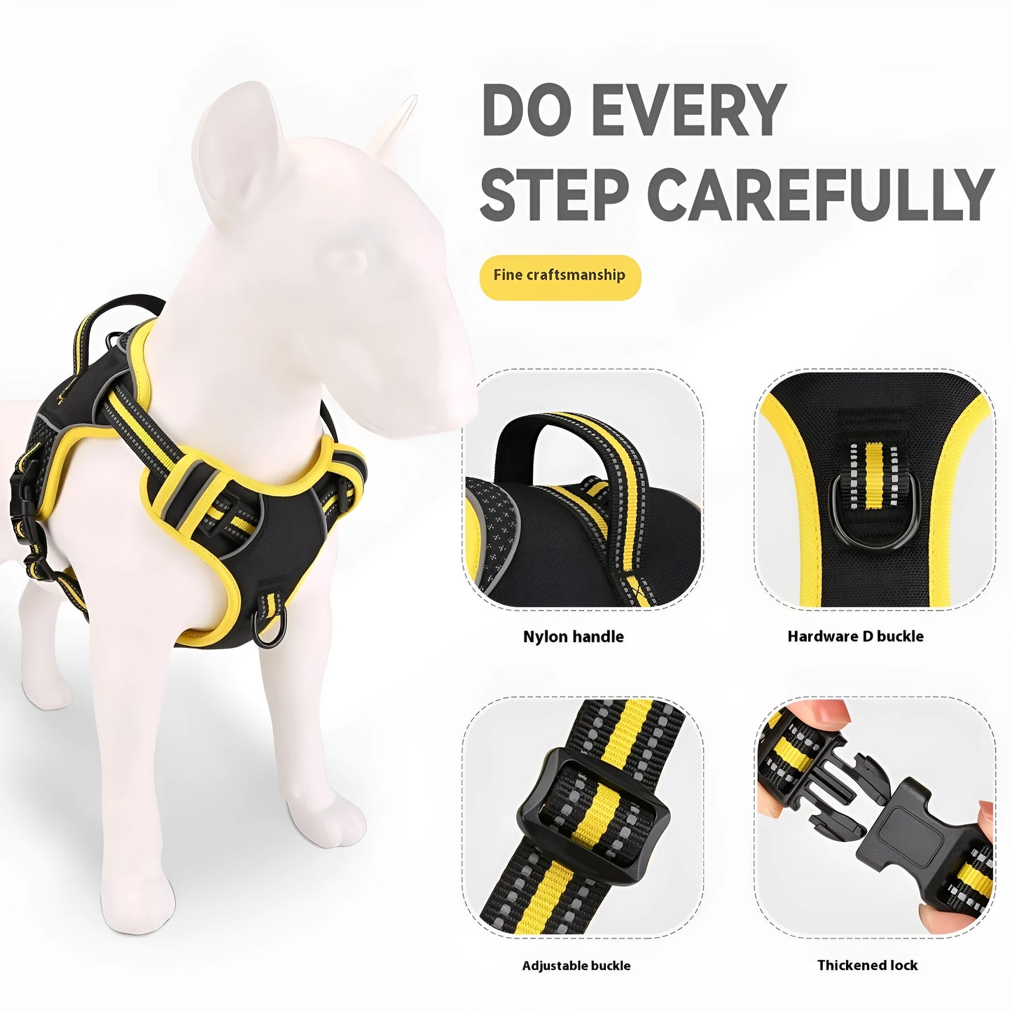 Orange polyester dog harness with integrated traction strap shown on a model, sized for medium dogs.