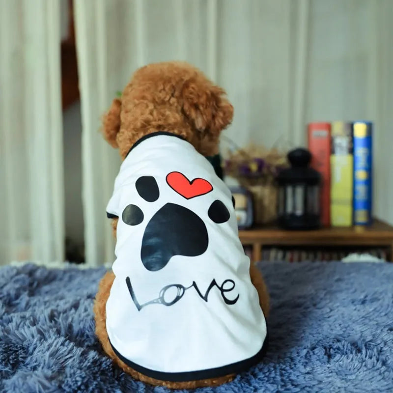 Cotton pet dog top with printed love design and short sleeves, shown in black or white, sizes XS to XXL