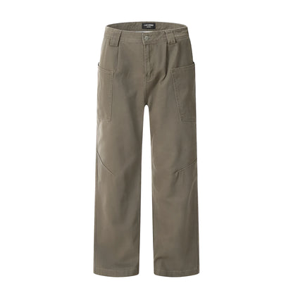 Men's cotton denim work trousers with mid waist, shown in black, brown and coffee, sizes XS to XXL for youth leisure wear.