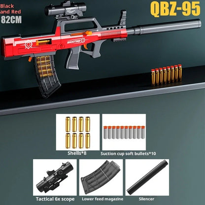 Blue assault rifle simulation toy gun with shell ejection mechanism and pull-action operation