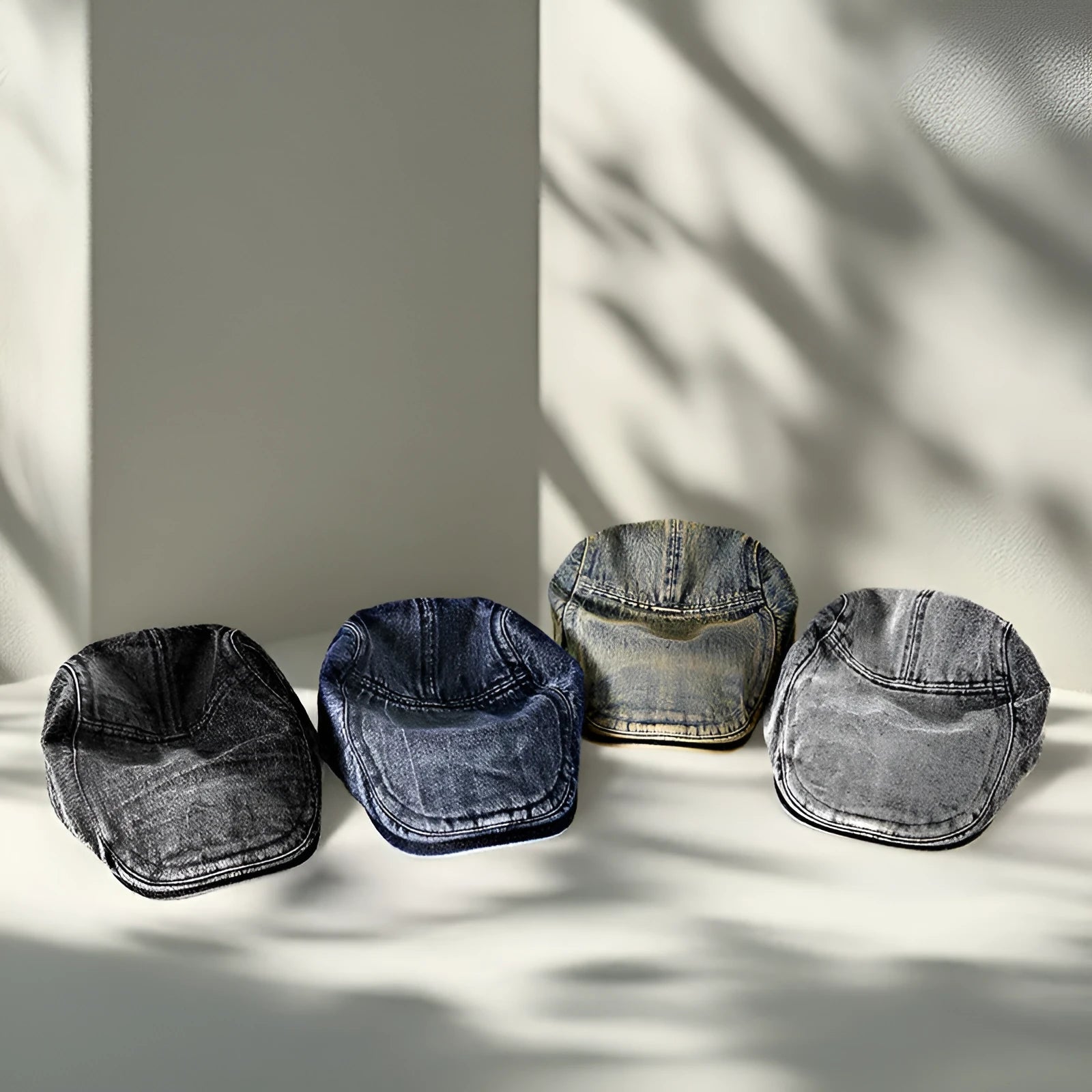 Men's denim baseball cap with flat crown in Korean style, shown in multiple colour options