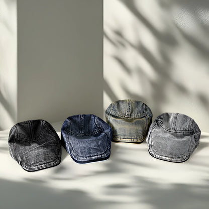Men's denim baseball cap with flat crown in Korean style, shown in multiple colour options