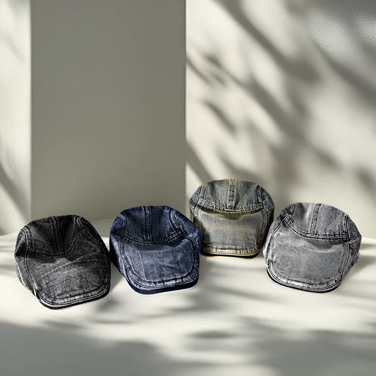 Men's denim baseball cap with flat crown in Korean style, shown in multiple colour options