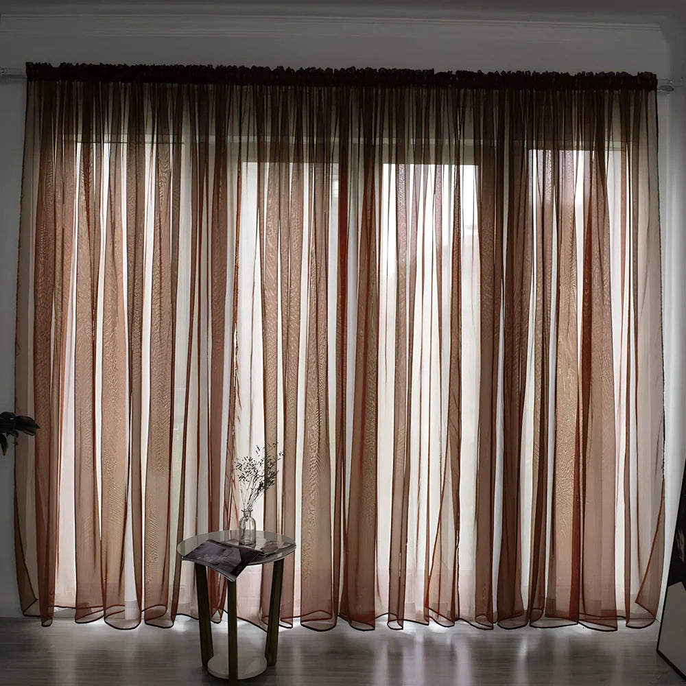 Simple modern balcony solid colour gauze curtain in beige showing light transmission effect