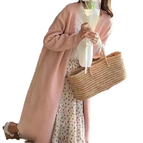 Women's knitted cardigan with V-neck, 65cm length, and loose fit in khaki colour