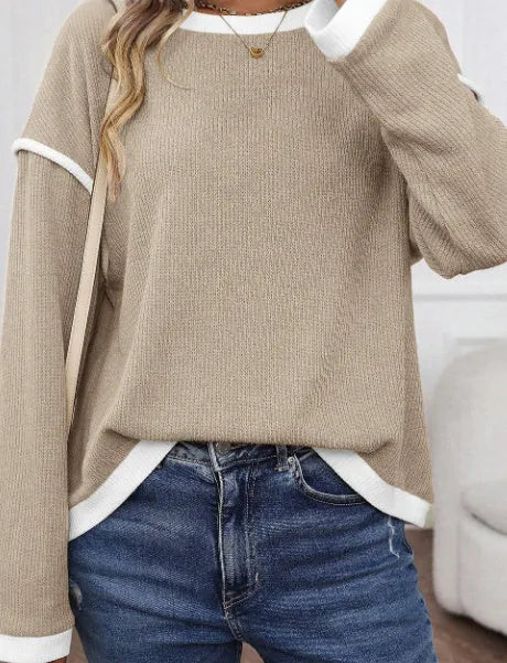 Four leaf clover pattern knit top with contrast trim in drop shoulder design