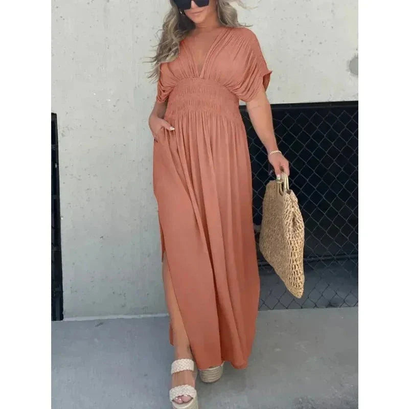Stylish bat-sleeve v-neck slit dress in a variety of colors, including khaki, black, wine red, dark blue, and caramel