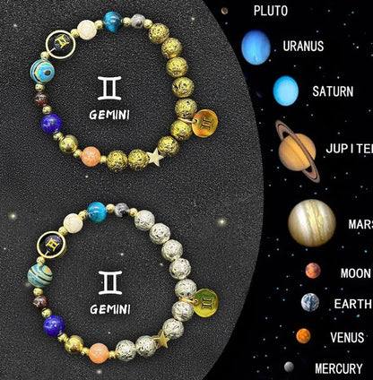 Two adjustable beaded bracelets with zodiac signs on natural stone beads, length 18-22cm