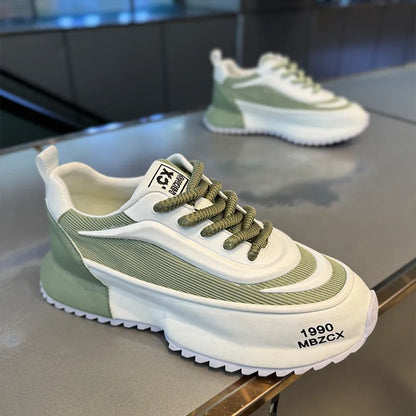 Men's mesh running sneakers with front lace-up, sewn sole, and 3-5cm mid heel, available in white, black, green.