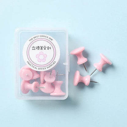 Macaron colour plastic push pins in cherry blossom pink, mint green and lavender, available in large and small sizes