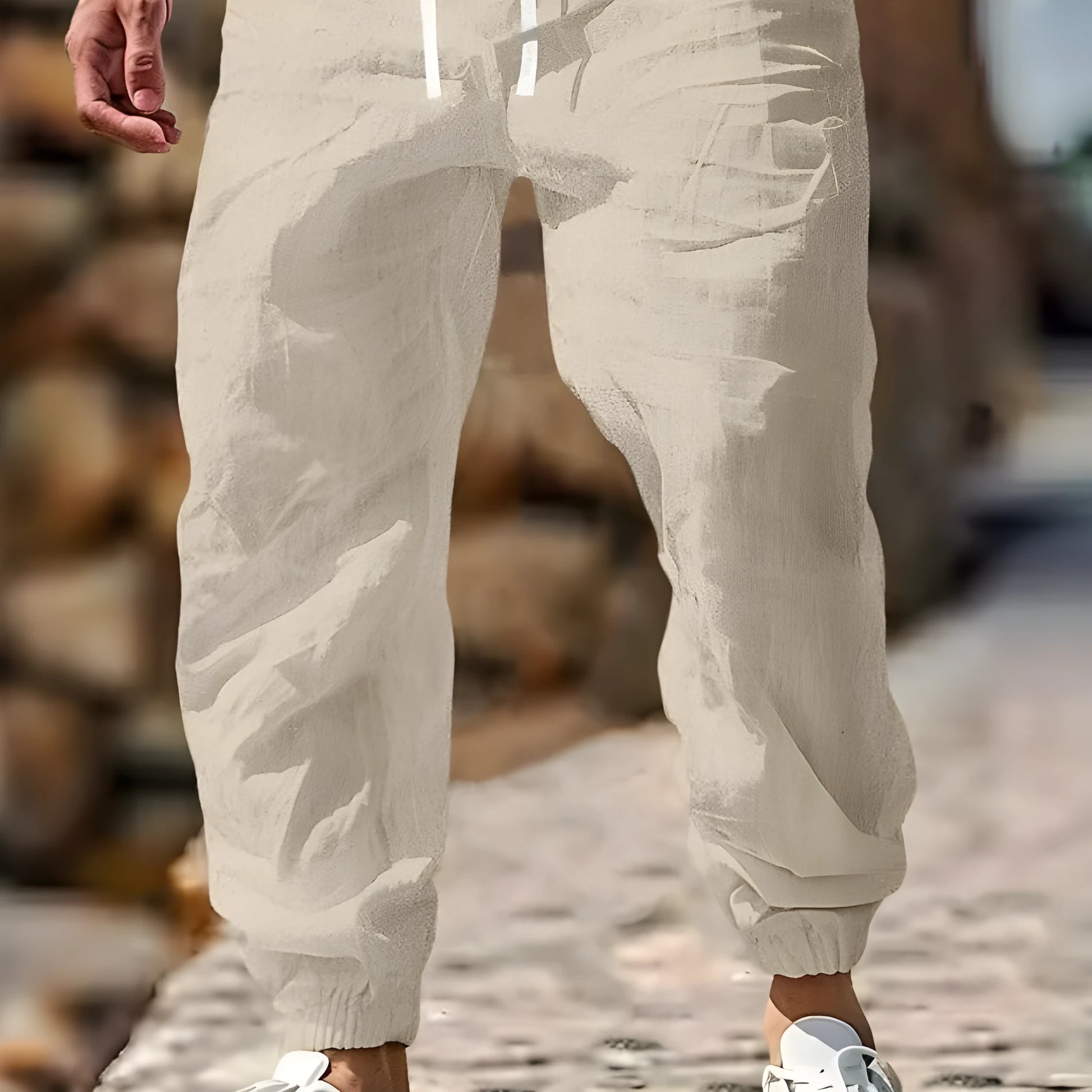 Men's straight-leg cotton trousers with elastic waist in Army Green colour, showing classic fit and summer-appropriate fabric.