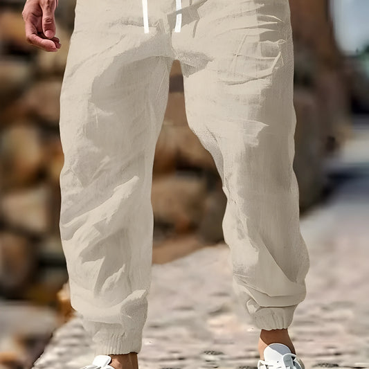 Men's straight-leg cotton trousers with elastic waist in Army Green colour, showing classic fit and summer-appropriate fabric.