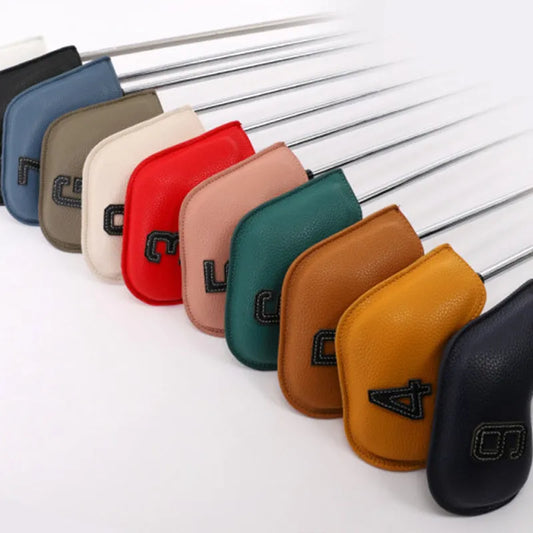 10-piece golf club headcover set in various colours showing PU construction and club protection design