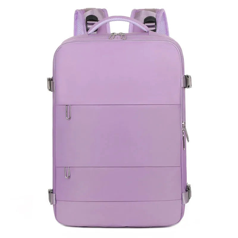 Large purple Oxford cloth travel backpack with multiple compartments and an air pillow belt.