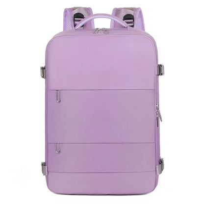 Large purple Oxford cloth travel backpack with multiple compartments and an air pillow belt.
