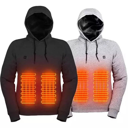 USB heated hoodie in black or grey, polyester, sizes M to 3XL, with included power bank for winter outdoor warmth.