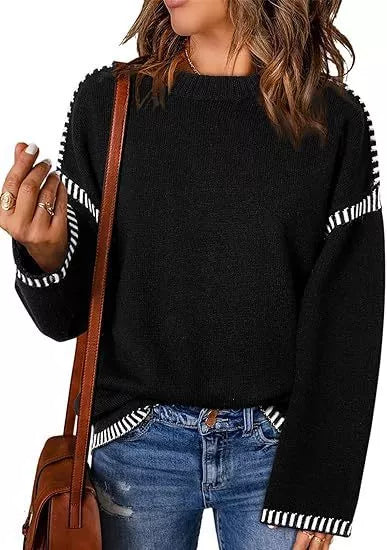 Women's acrylic round neck pullover sweater with flared sleeves in various colors