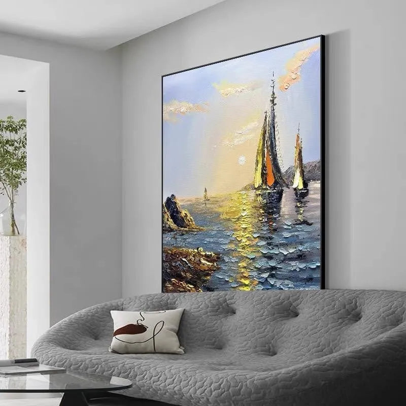 Hand-painted sea boat oil painting on canvas, unframed vertical landscape wall art for living room or bedroom.