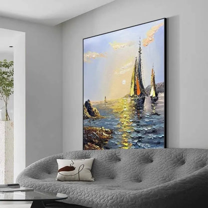 Hand-painted sea boat oil painting on canvas, unframed vertical landscape wall art for living room or bedroom.