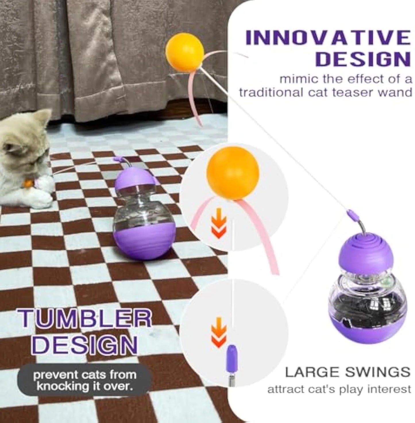 Multi-functional cat toy with tilting base, teaser wand with ball and ribbon, and food dispenser opening