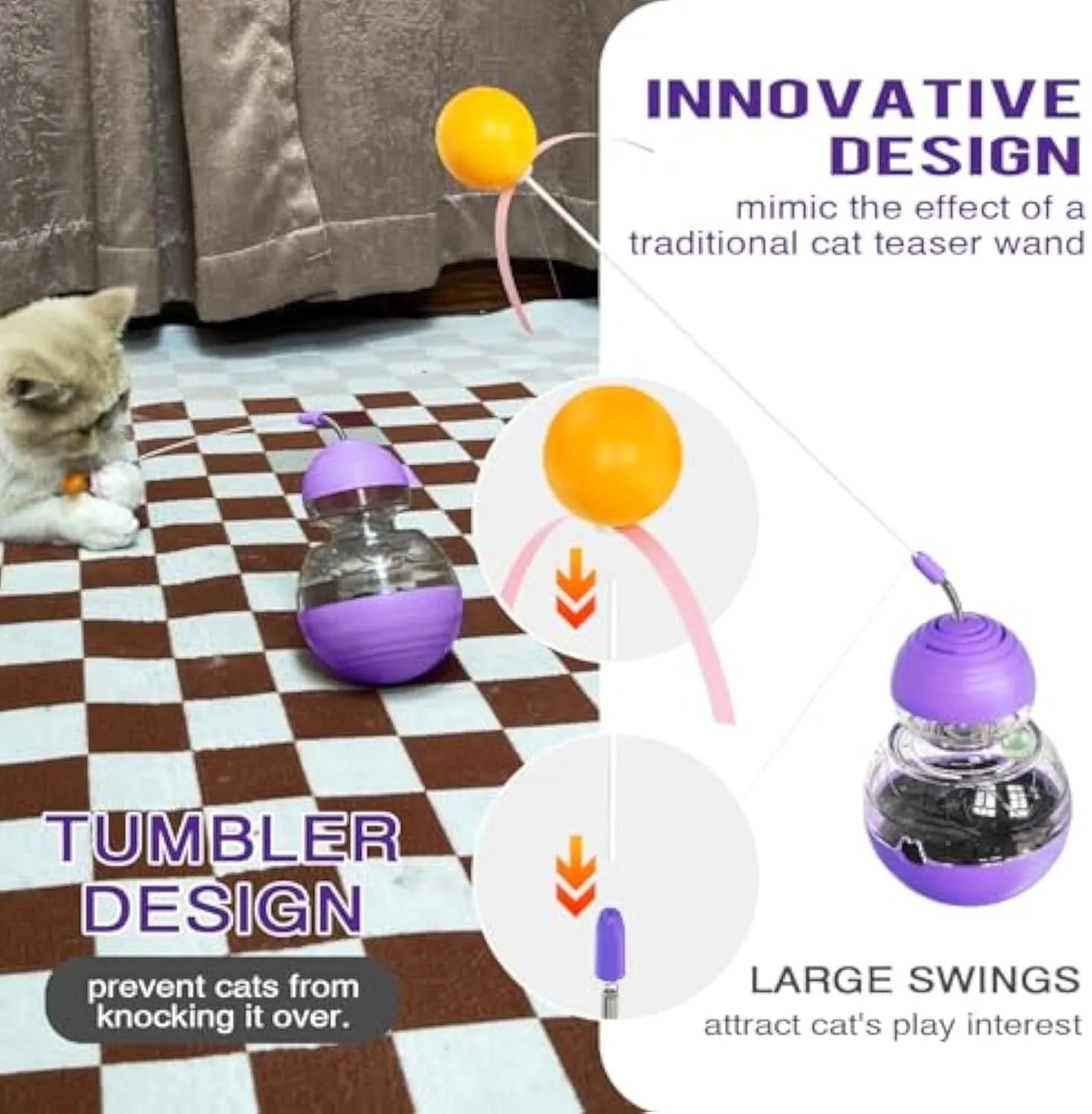 Multi-functional cat toy with tilting base, teaser wand with ball and ribbon, and food dispenser opening