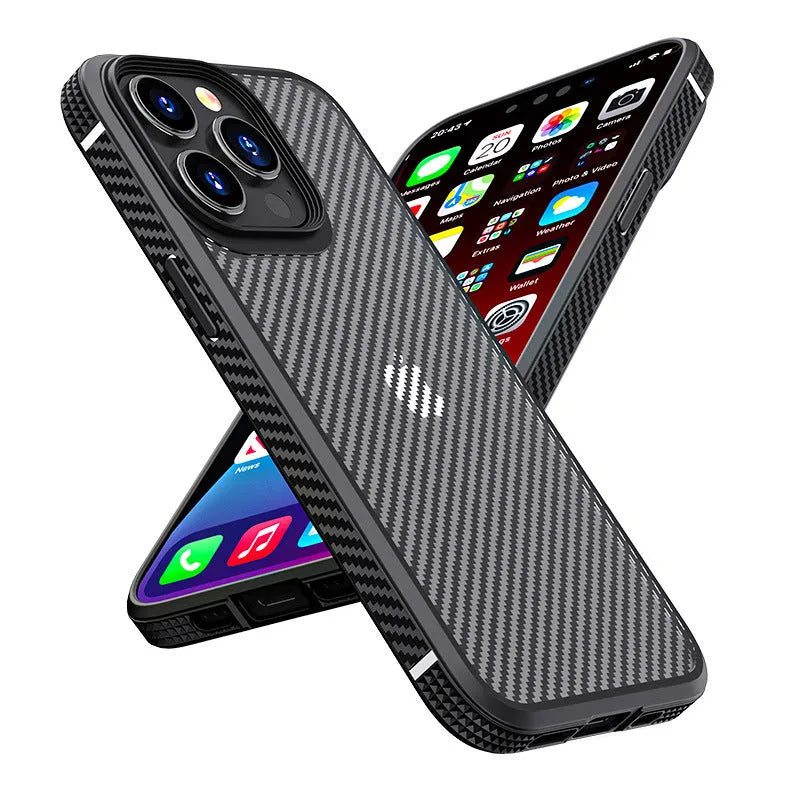 Black and blue iPhone 13 series protective cases with carbon fibre pattern and TPU+PC construction