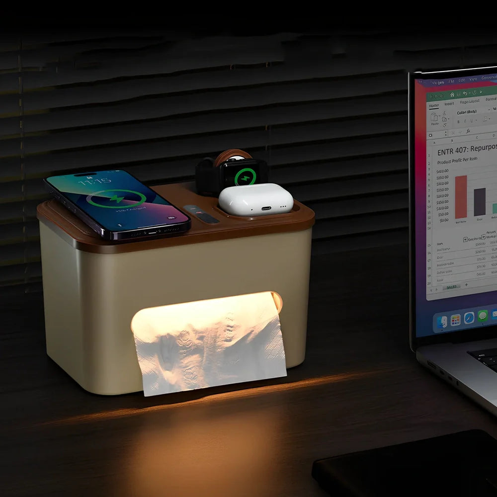 Beige geometric bedside lamp with tissue storage and wireless charging measuring 235×160×150mm