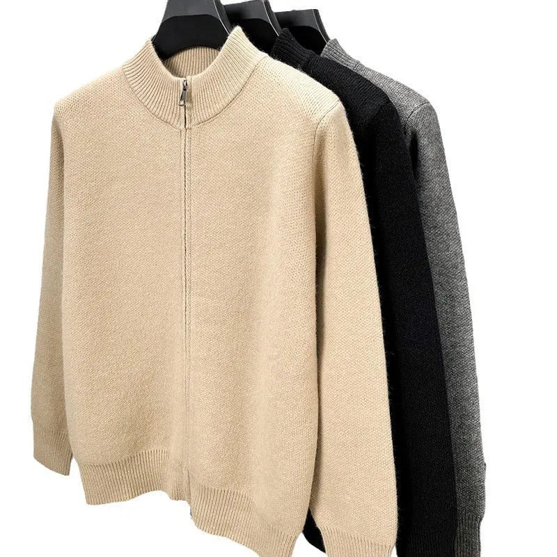 Men's black stand collar knitted cardigan with zipper front in loose fit thickened construction