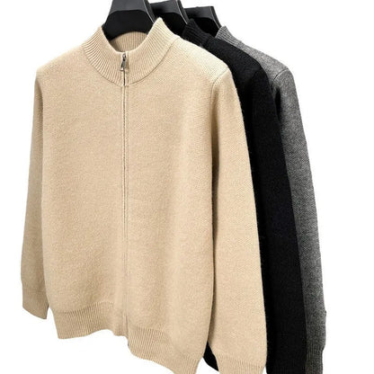 Men's black stand collar knitted cardigan with zipper front in loose fit thickened construction