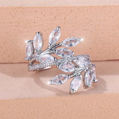 Horse Eye Zircon Leaf Ring with adjustable opening in rose gold purple white diamond colour on a hand