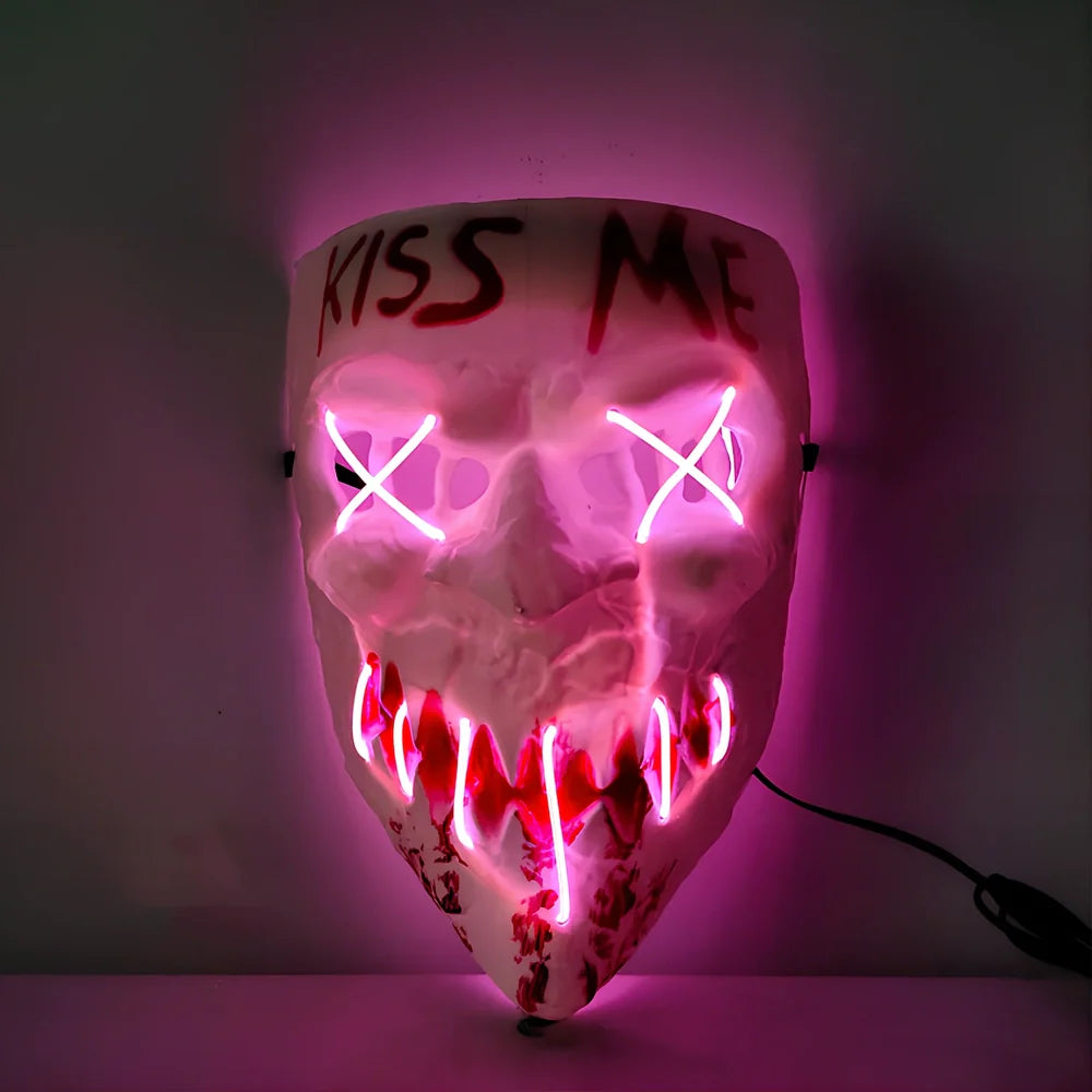 Multicolor luminous Halloween mask with adjustable glow, plastic construction in blue, green, and red options for festivals