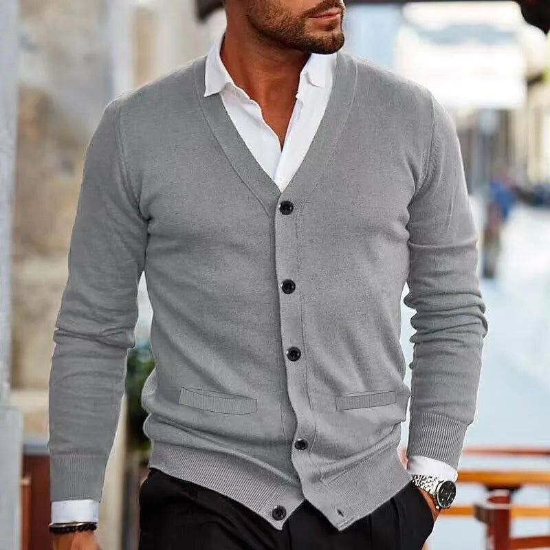 Men's slim fit acrylic cardigan sweater in autumn colours with long sleeves and front button opening
