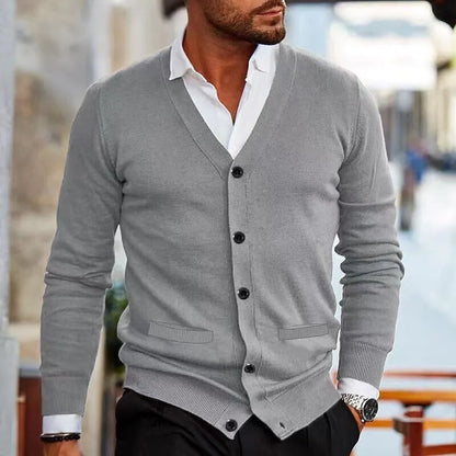 Men's slim fit acrylic cardigan sweater in autumn colours with long sleeves and front button opening