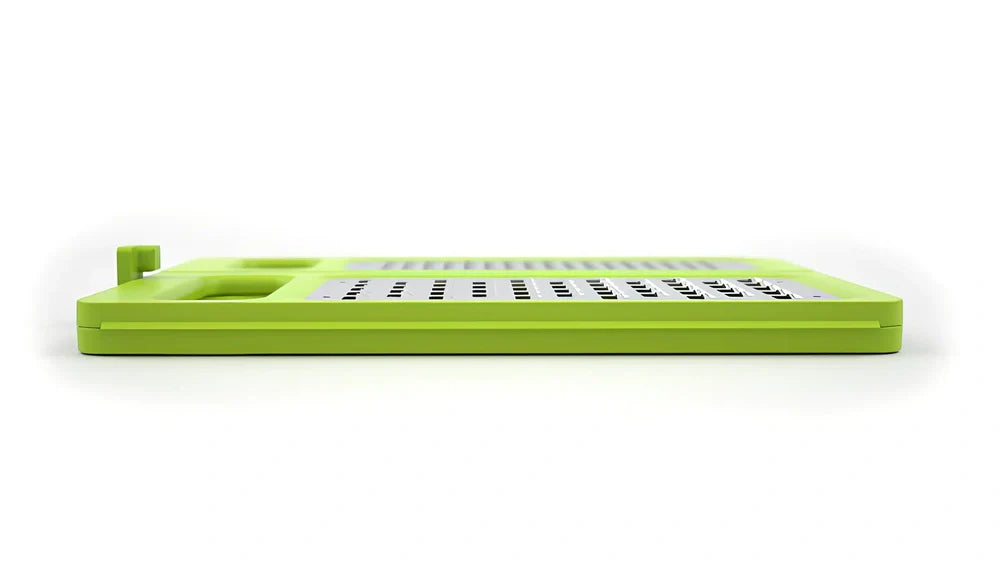 Green foldable stainless steel box grater with four cutting surfaces shown open and closed