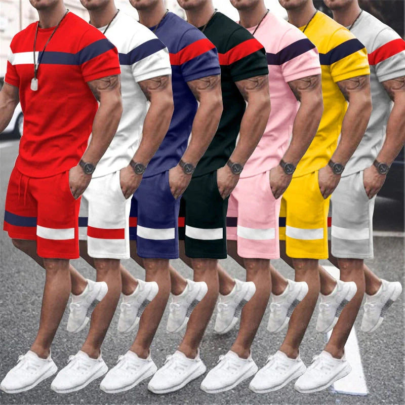 Men's Athletic Leisure Patchwork Short Sleeve Fitness Suit in various colors