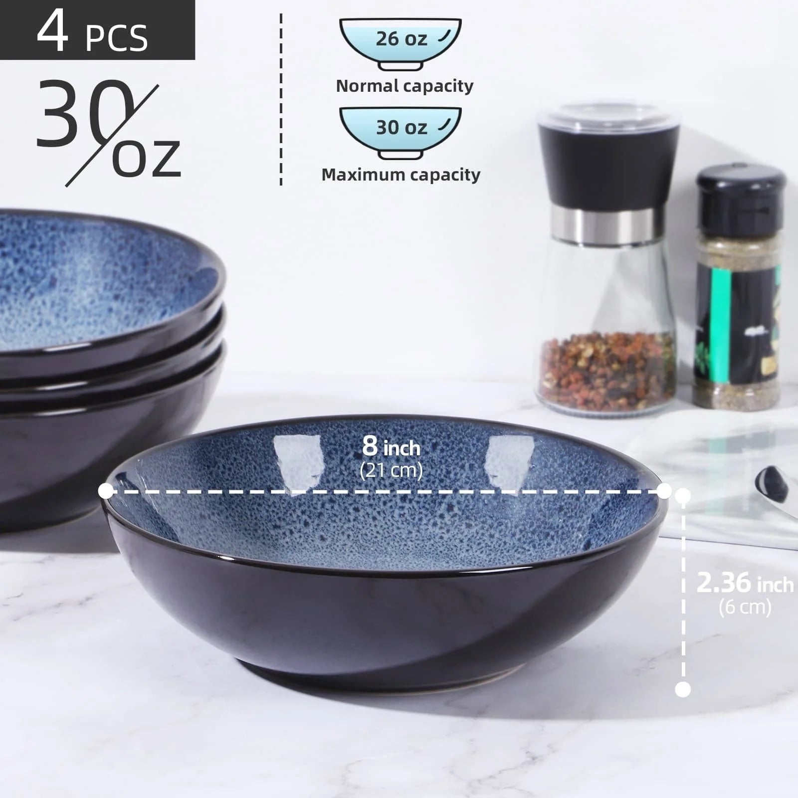 Peacock Blue Ceramic Bowls - Set of 4 for Serving Soups, Salads, Desserts, and More