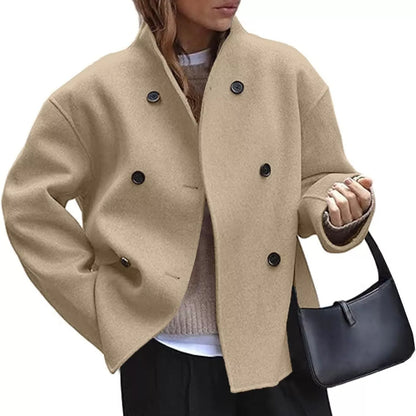 Double-faced woolen coat with three-row buttons in plaid and tweedst pattern for autumn and winter