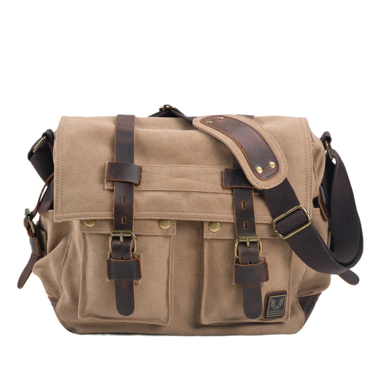 Men's retro crossbody canvas shoulder bag with cowhide trim in horizontal rectangular shape