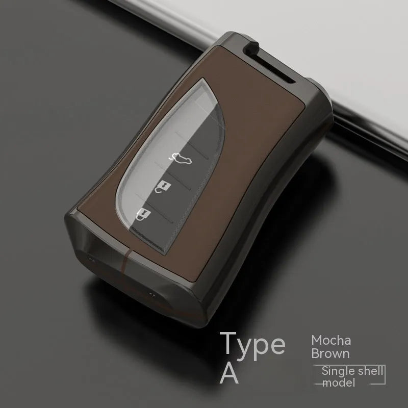 Lexus car key case cover in zinc alloy and TPU shown in black, with optional belt buckle attachment.