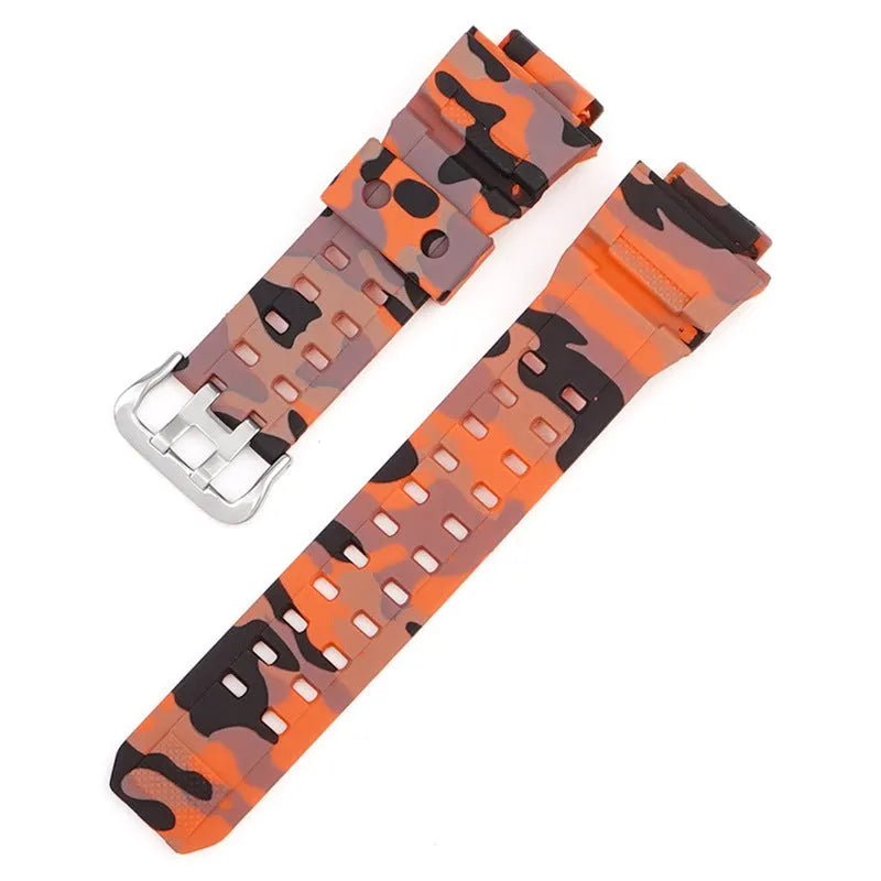 Camouflage pattern TPU watchband with silver buckle showing 12+7cm length and 2mm thickness